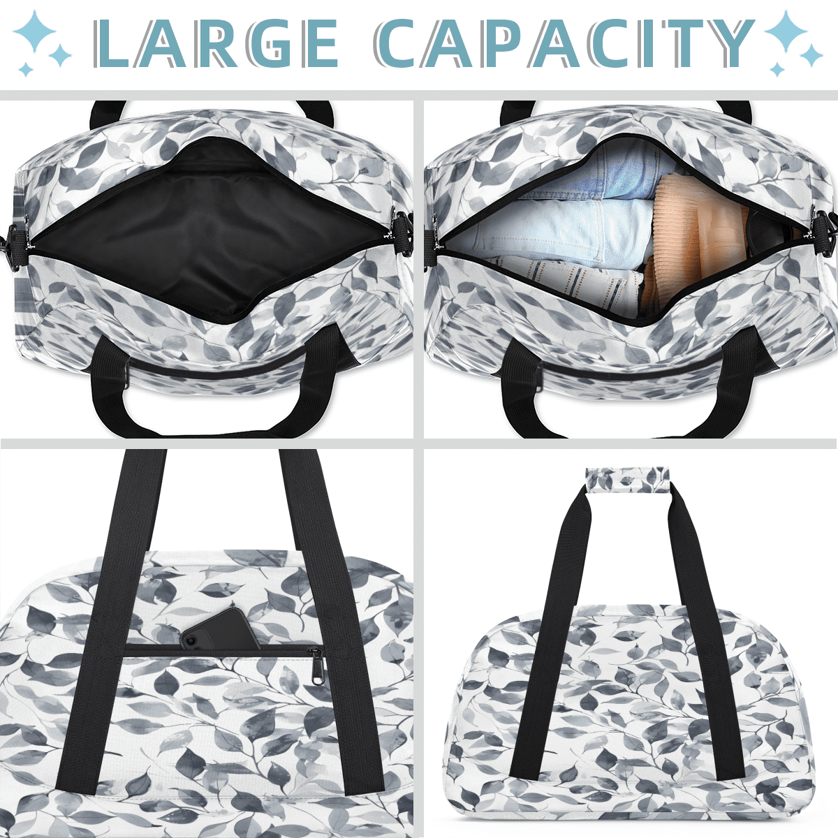 Herdesigns Gray and White Sports Duffle Bag for Women & Men, Leaves Gym Bag Dance Bag Overnight Bag Carry On Weekender Travel Bag