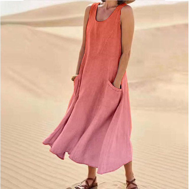 WILLBEST Vestidos Casuales para Mujer Fiesta Vestido Largo Informal sin Mangas de Lino Degradado con Bolsillos y Cuello Redondo Chica