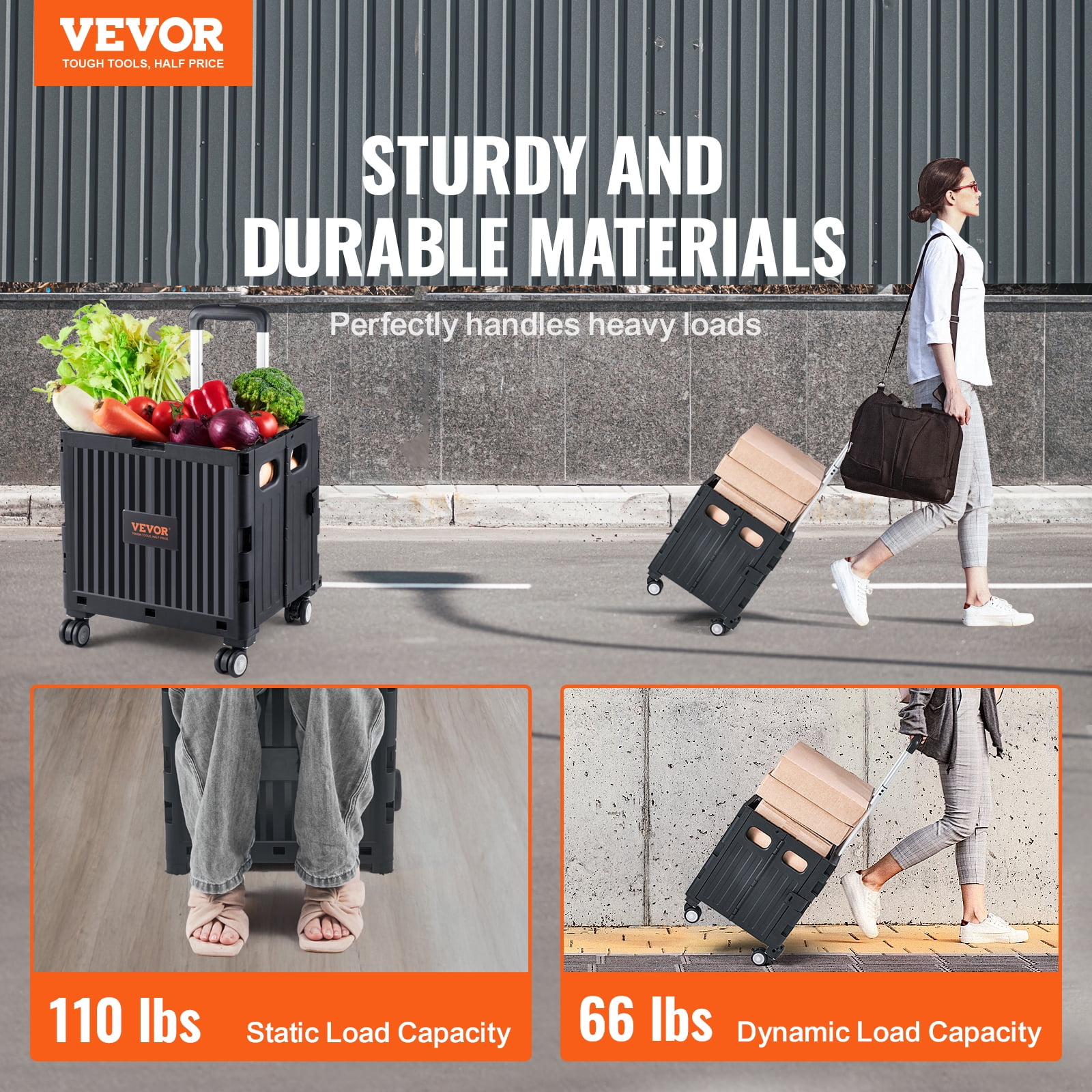 VEVOR Folding Shopping Cart Foldable Utility Cart 110 lbs Telescoping Handle