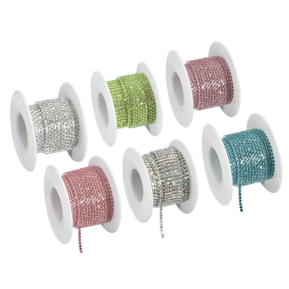 6 Roll 33 Yards 2MM Crystal Rhinestone Close Chain Trim for Sewing Crafts DIY Handcraft, 6 Color