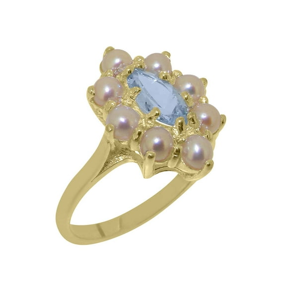 LBG British Made 18k Yellow Gold Natural Aquamarine & Cultured Pearl Womens Anniversary Ring - 33 size options - Size 6.75