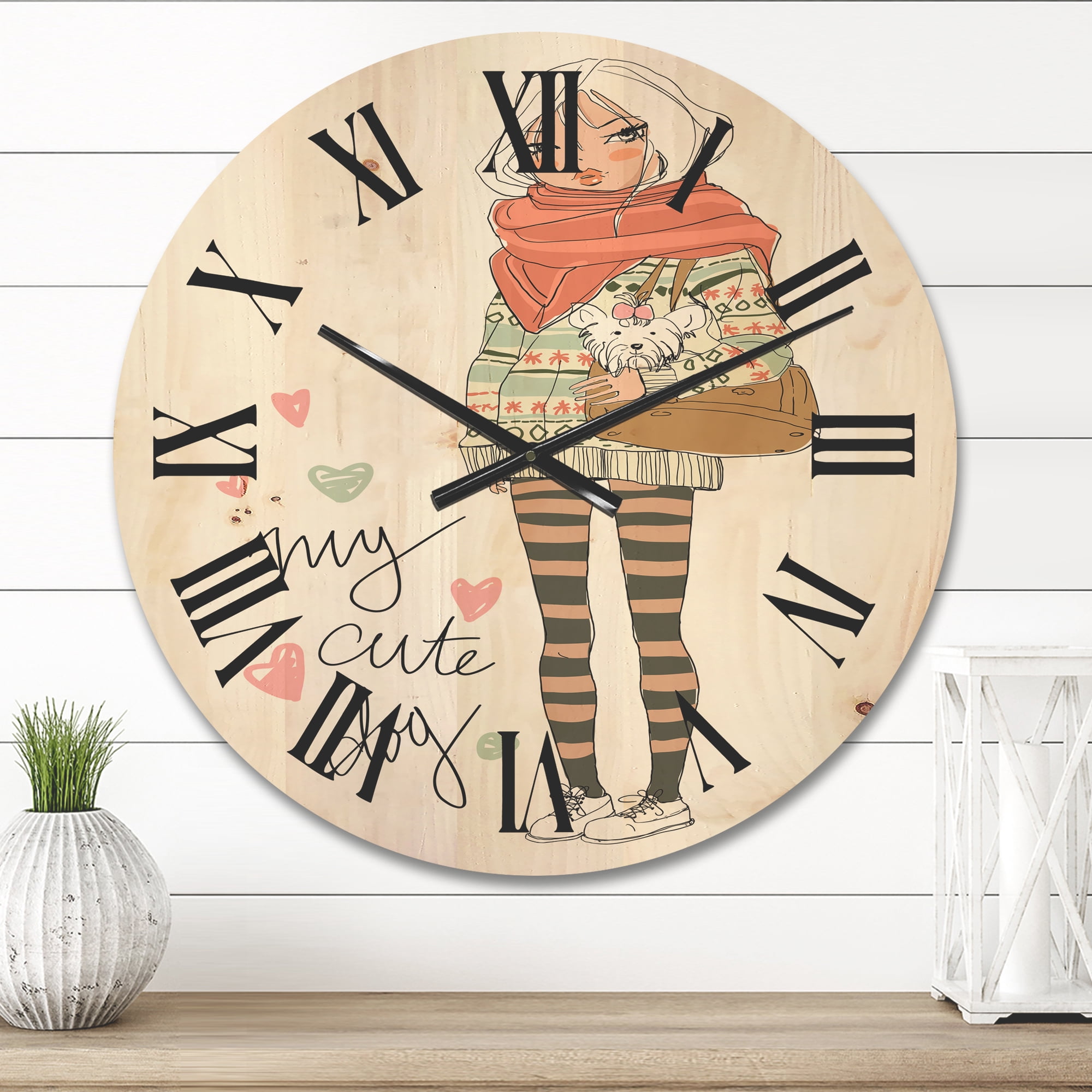 Designart 'My Cute Dog Cute Girl With Dog' Shabby Chic Wood Wall Clock