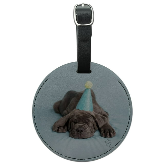 Neapolitan Mastiff Dog Puppy Blue Birthday Party Hat Round Leather Luggage Card Suitcase Carry-On ID Tag