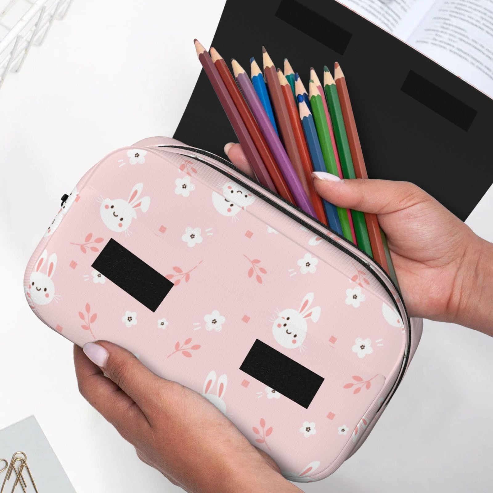 Rateoe Cute Bunny Pattern Double Clamshell Pen Case, Storage Organizer with Two Zipper Compartments– Holds Up to 50 Pencils & Pens