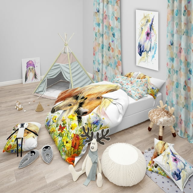 Designart 'Horse and Foal with Meadow - Ensemble de Housse de Couette Moderne pour Enfants