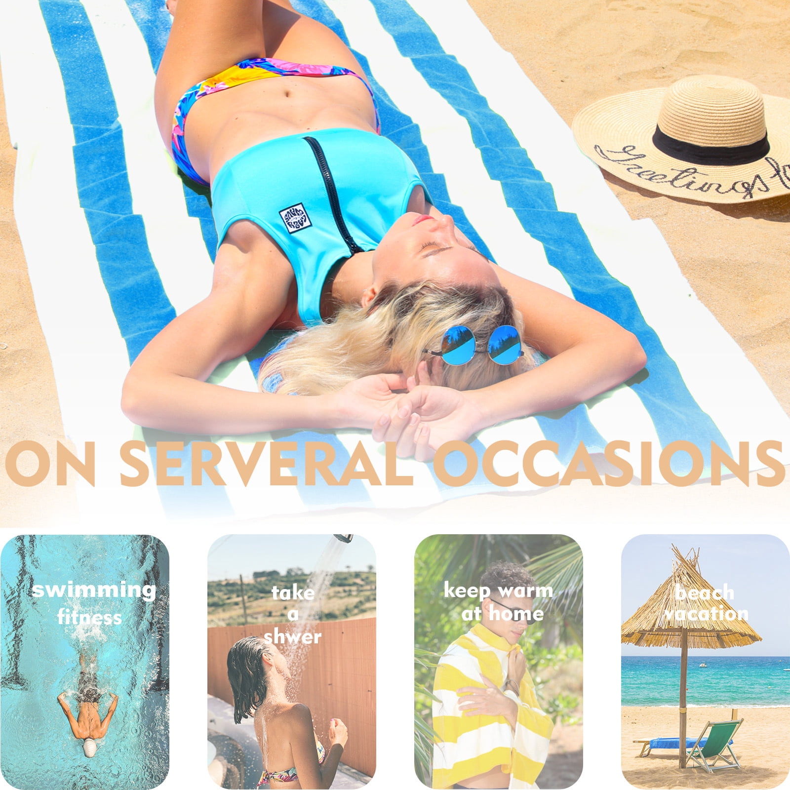 Exclusivo Mezcla 4-Pack Cotton Oversized 35"x70" Cabana Stripe Beach Towels, Super Absorbent Soft Plush Pool Towel, Bath Towel (Blue)
