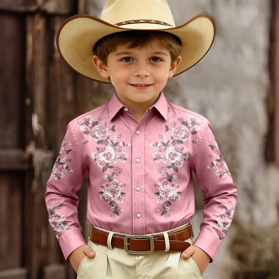 FYDUU Kids Cowboy Shirts Stylish Boys Western Shirt Printed Retro Casual Button Down Tops Long Sleeve Regular Fit Shirts For Children Blouses 10-11 Years
