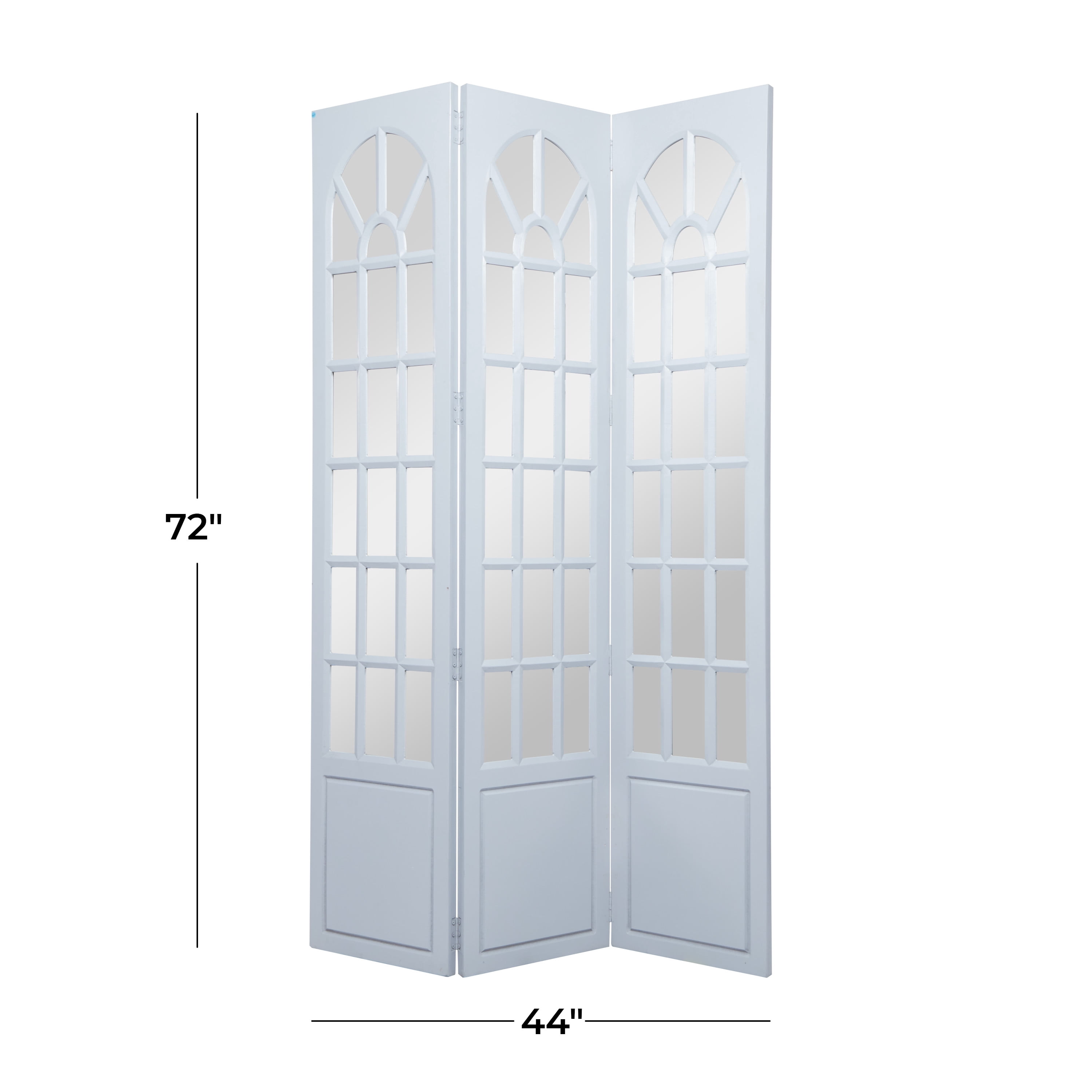 DecMode 44" x 72" Blue Wood Hinged Foldable Partition 3 Panel Room Divider Screen with Window Pane Style Mirror, 1-Piece