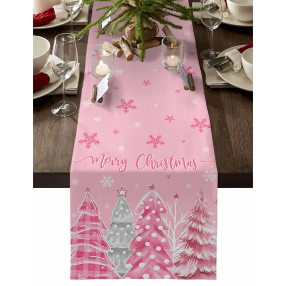 Christmas Table Runner Pink Christmas Tree Table Runners Buffalo Plaid Pine Tree Snow Cotton Linen Dresser Scarf Kitchen Dining Table Decor for Christmas Holiday Party Decor 13x72 Inch