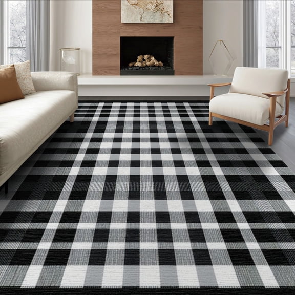 ODIKA 6'x9' Washable Area Rug Non-Slip, Chair-Friendly, Buffalo Plaid Striped Tartan With Farmhouse Windowpane Border for Dining Room, Under Table, Office Décor