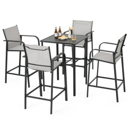 Nuu Garden 5-Piece Outdoor Patio Bar Set, 4 Textilene High Bar Stools, 28" Square Bar Table with Slatted Tabletop and 1.7" Umbrella Hole, Light Gray and Black