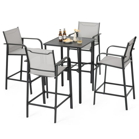 Nuu Garden 5-Piece Outdoor Patio Bar Set, 4 Textilene High Bar Stools, 28" Square Bar Table with Slatted Tabletop and 1.7" Umbrella Hole, Light Gray and Black