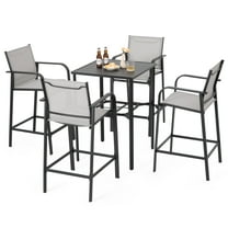 Nuu Garden 5-Piece Outdoor Patio Bar Set, 4 Textilene High Bar Stools, 28" Square Bar Table with Slatted Tabletop and 1.7" Umbrella Hole, Light Gray and Black