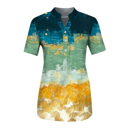 

Alrise Women s Summer Casual Button Down Short Sleeve Shirt Print Top With Pockets Yellow L