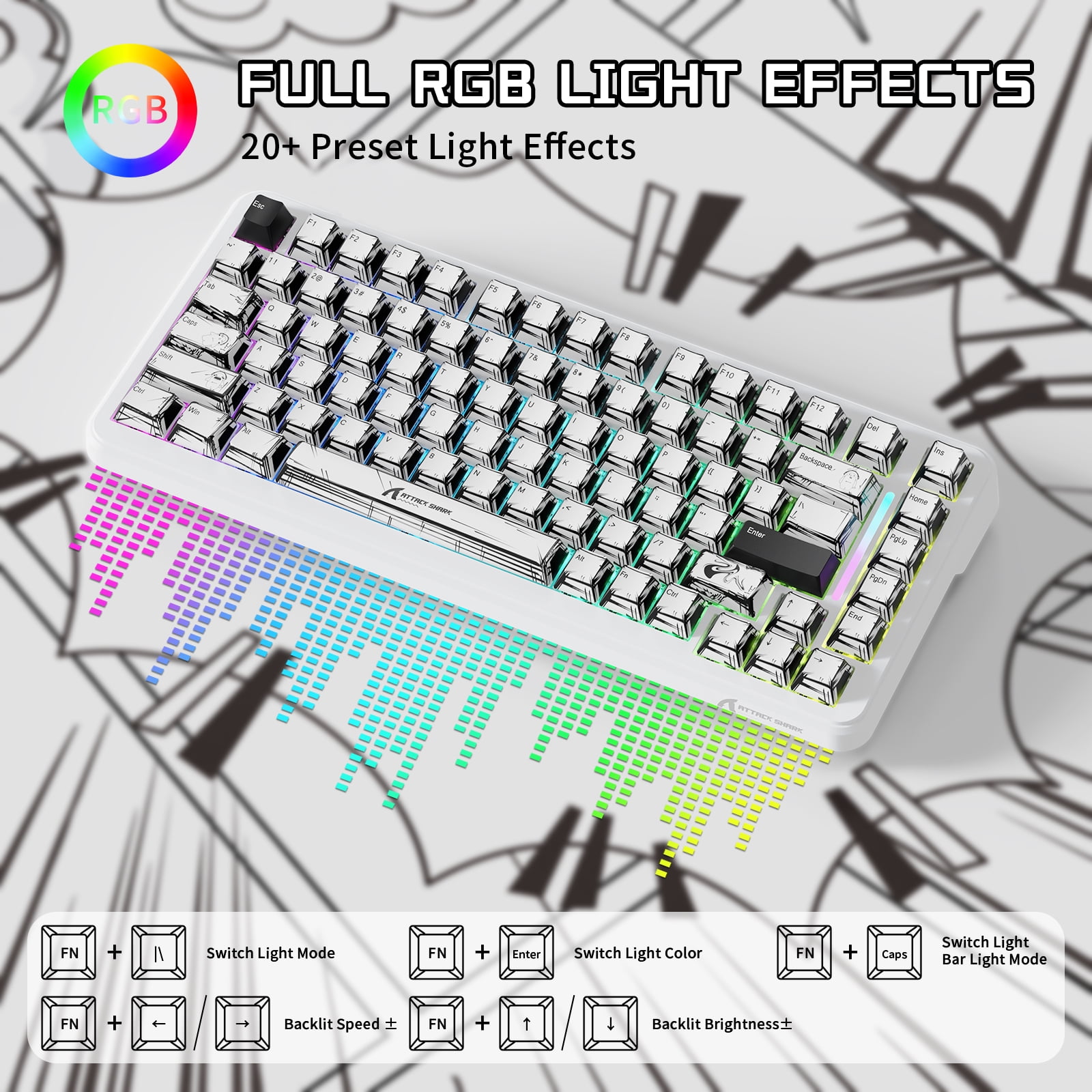 ATTACK SHARK X82PRO HE 75% Wireless Rapid Trigger Magnetic Keyboard, 8K Wired Gaming Keyboard, Hall Effect Switches Adjustable Actuation, QWERTY, RGB Backlit, C01 RGB Coiled Cable -Comic
