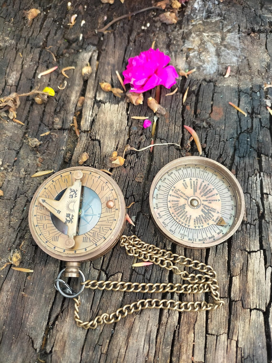 Antique Brass Sundial Pocket Compass – Dollond London 1885 – Vintage Nautical Compass with Chain – Steampunk Navigation Gift by Maritime Treasures