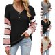 thumbnail image 4 of Top de manga larga para mujer, cuello en V, manga abombada, jersey de retales a rayas, blusa con botones, traje de otoño e invierno, negro M, 4 of 6