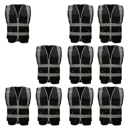 

GOGO 10 Packs 9 Pockets High Visibility Zipper Front Safety Vest With Reflective Strips-Black-XL