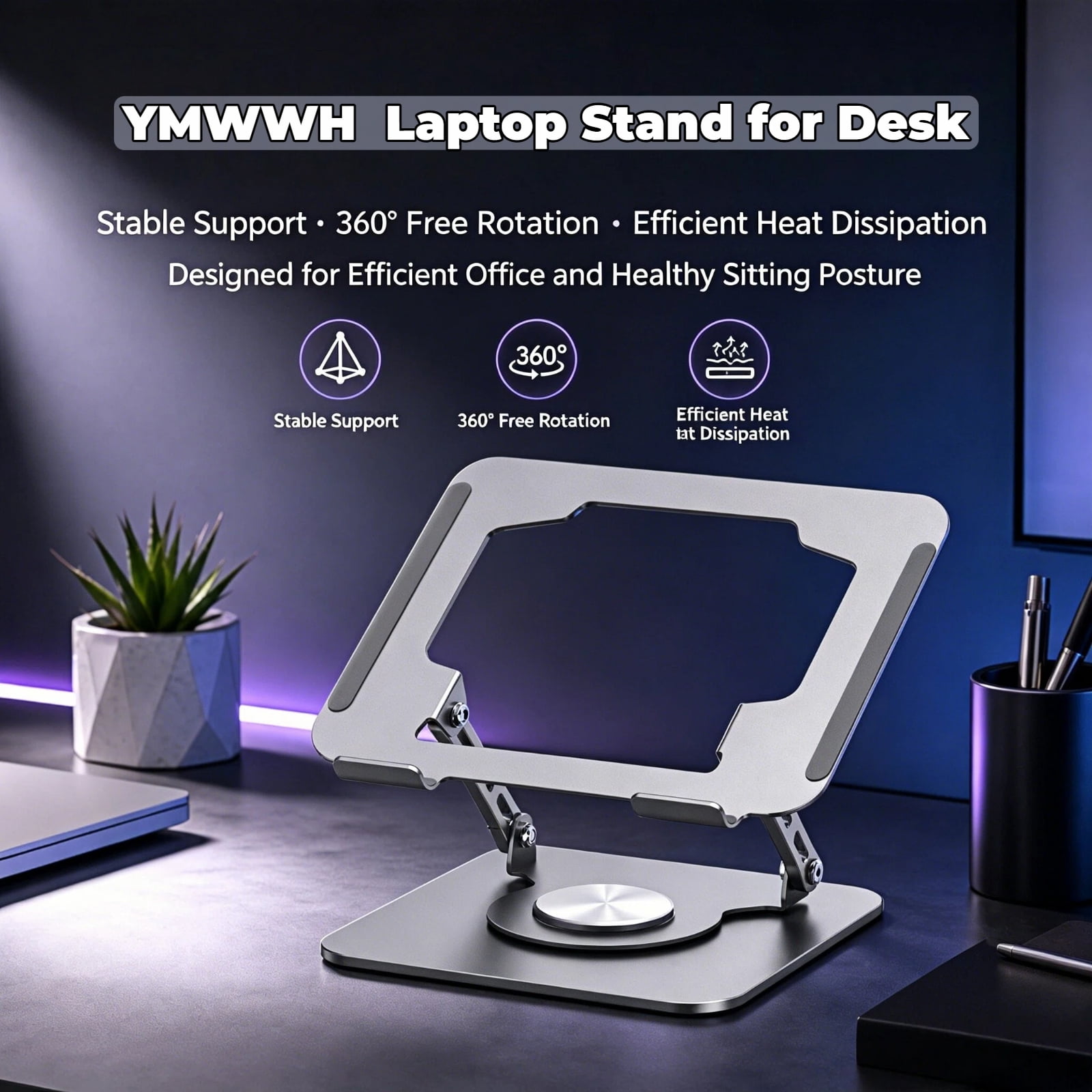 YMWVH Laptop Stand for Desk, Computer Stand with 360 Rotating Base, Ergonomic Laptop Riser for Collaborative Work, Foldable & Portable Laptop Stand Fits for All 10-16"
