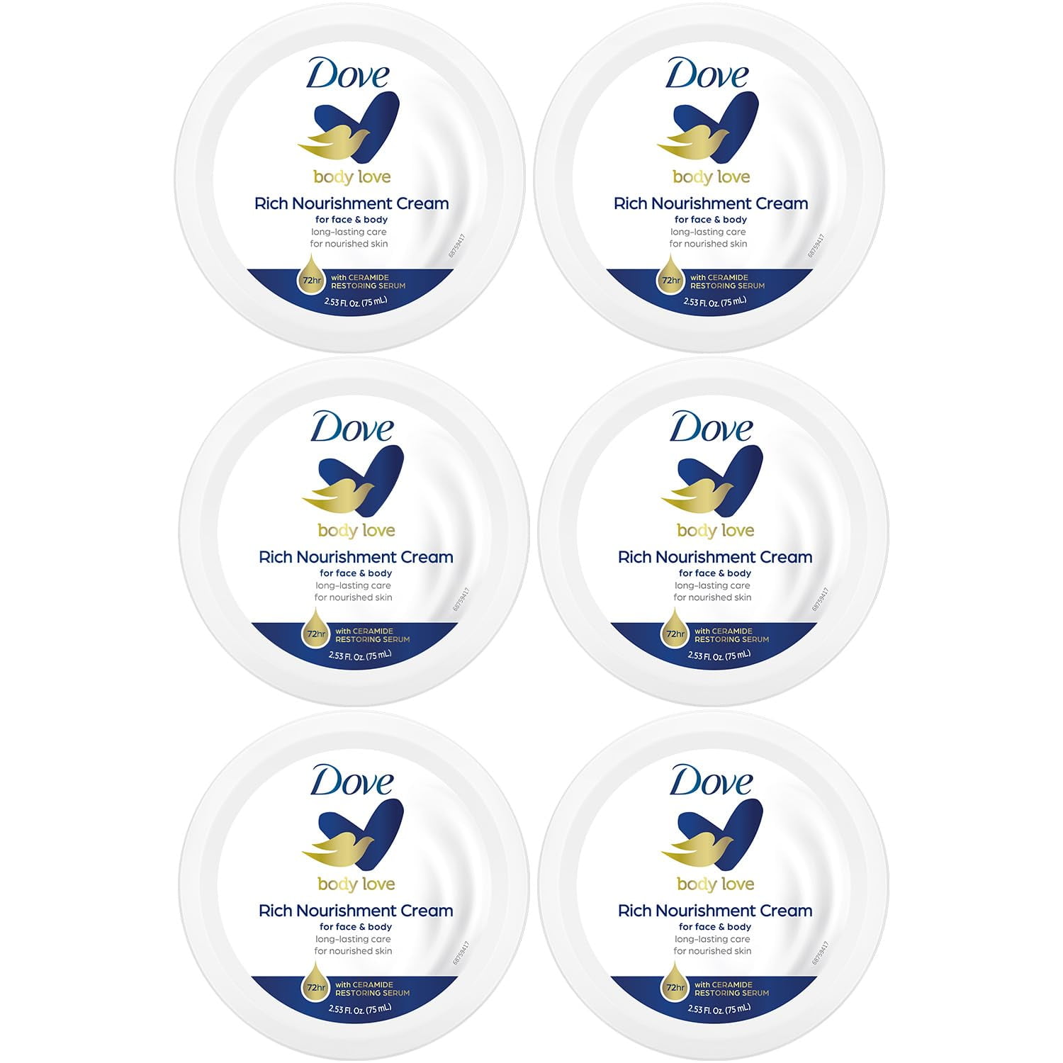 Dove Body Love Rich Nourishment Cream, Face, Hand & Body Lotion for Extremely Dry Skin, Fast-Absorbing 72-Hour Moisturizing Cream with Ceramide Serum, Travel Size, 2.53 Oz (Pack of 6)