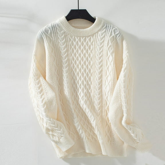 Itsame Women Knitted Sweater Crew Neck Pullover Sweatershirt Long Sleeves Solid Color Relaxed Sweatshirts Beige Size S