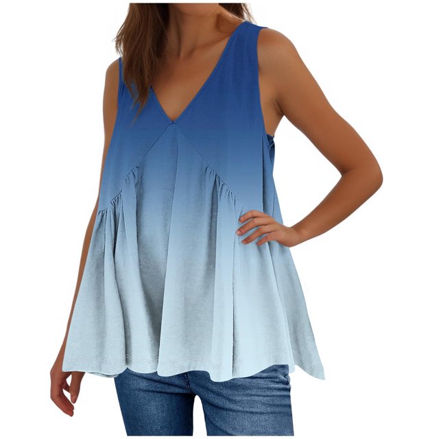 Plebaso V Neck Tank Tops for Women Gradient Color Ruffle Shirts Flowy Sleeveless Womens Summer Blouses