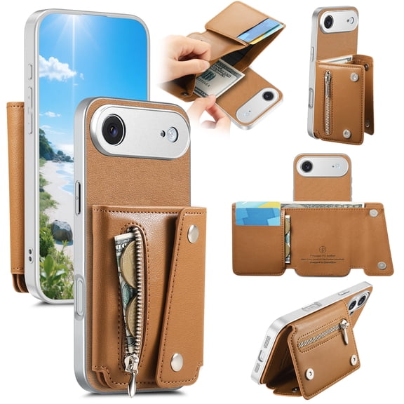 ELEHOLD Zipper Leather Wallet Phone Case for iPhone Air, Shockproof Kickstand Protective Cover with Card Slots and Zipper Pouch, Brown