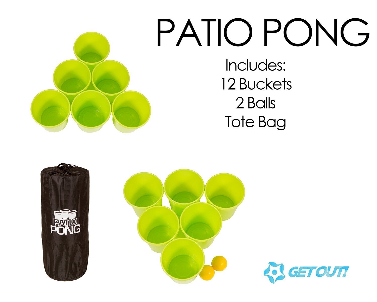 Get Out Giant Yard Beer Pong Set for Outdoor Fun 12 Buckets 2 Balls Patio Pong 1 Drawstring Carrying Bag