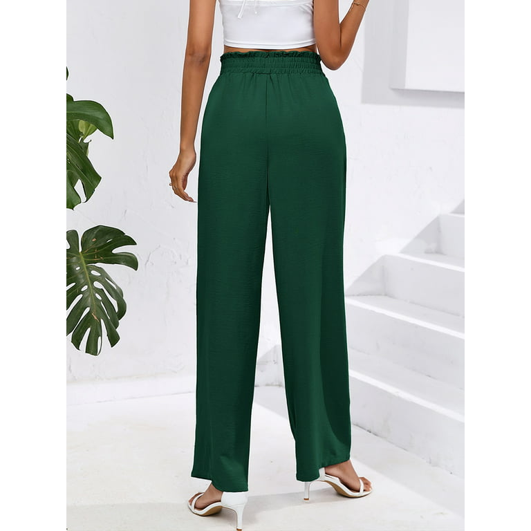 Chiclily Women's Wide Leg Lounge Pants with Pockets Lightweight High  Waisted Adjustable Tie Knot Loose Trousers, US Size Medium in Dark Green