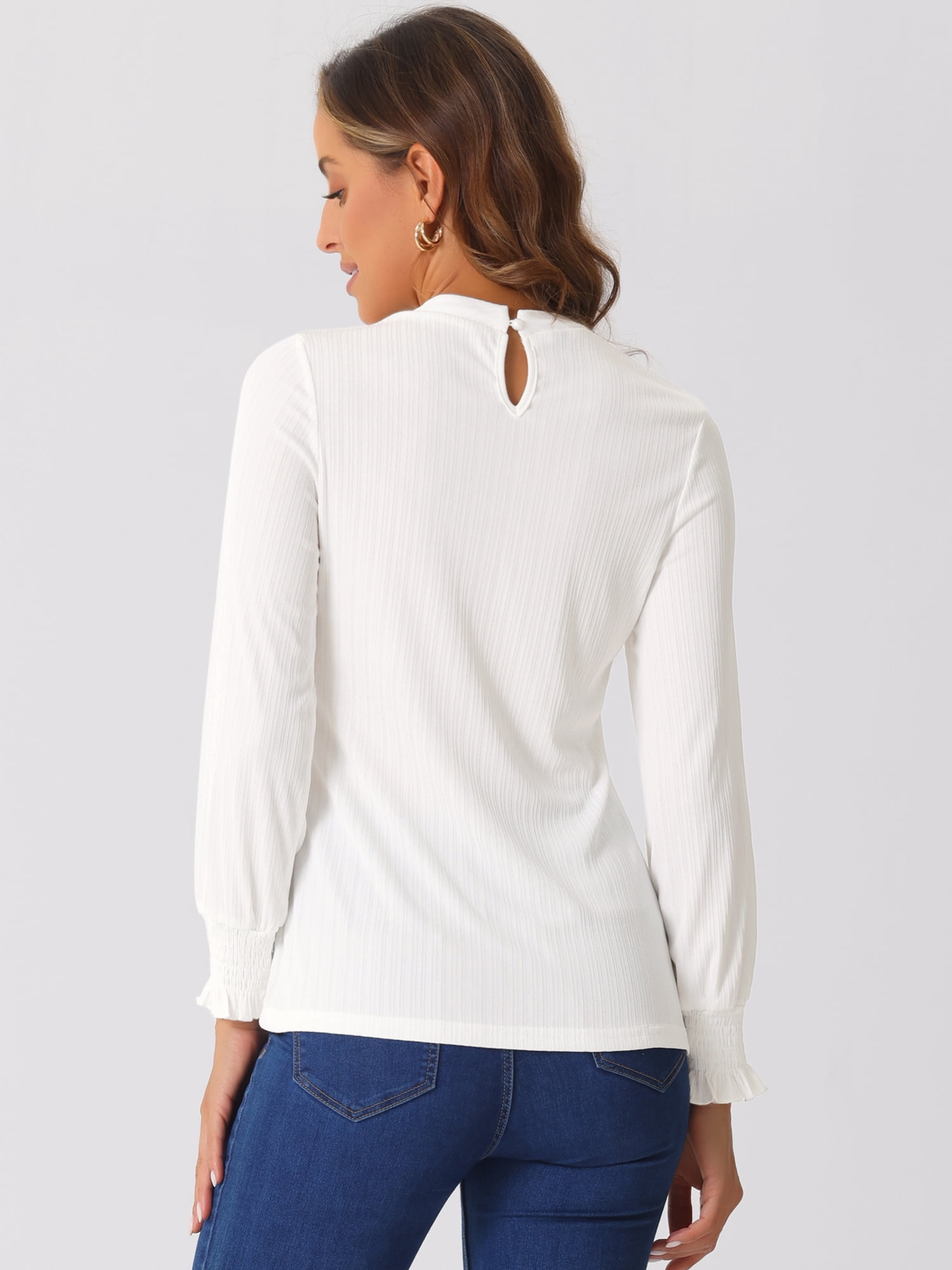 DARING DIVA Women's Mock Neck Smocked Ruffle Cuff Tops M White