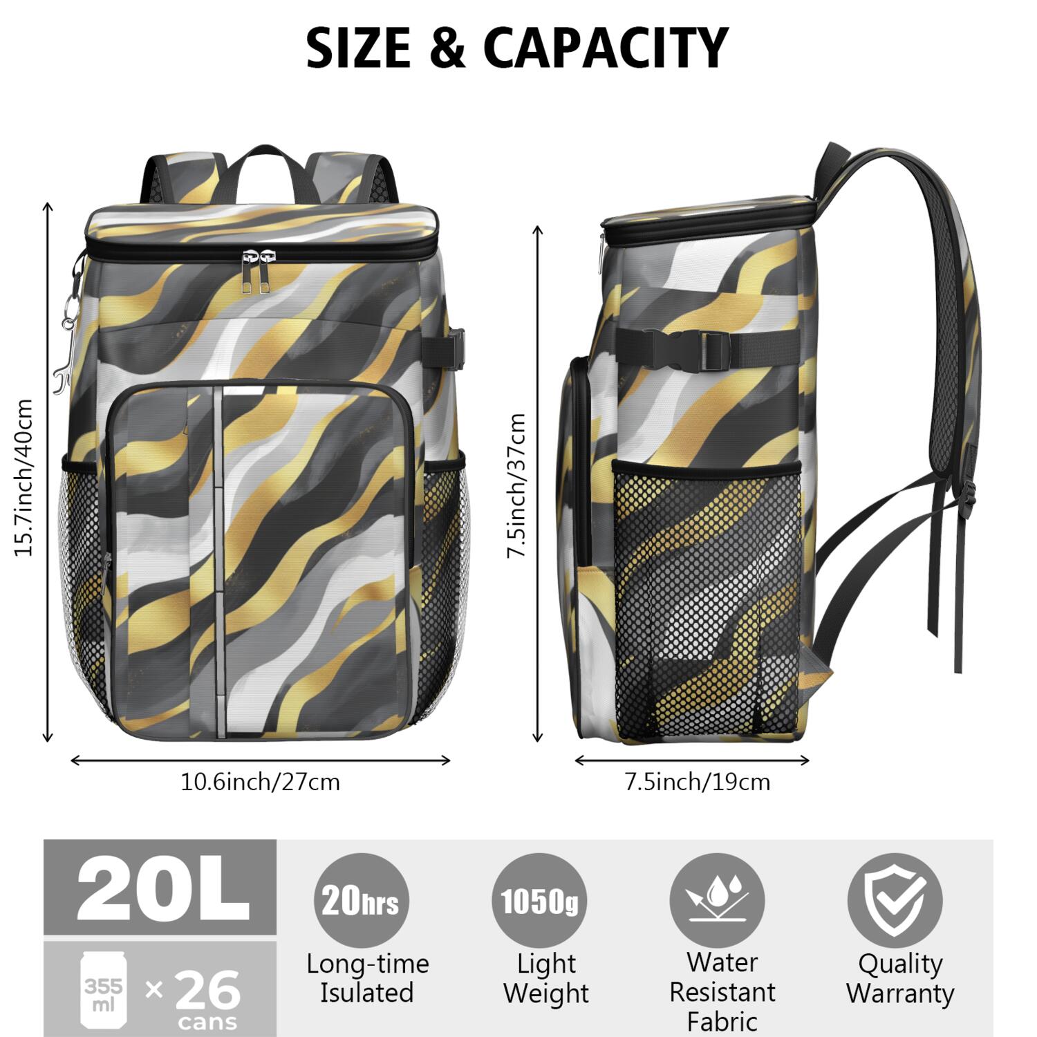 Travel Cooler Bag - Black White and Gold Marble Camping Beer Cooler Backpack with Bottle Opener- Waterproof Insulated Picnic Backpacks - Cooler Bag for Beach