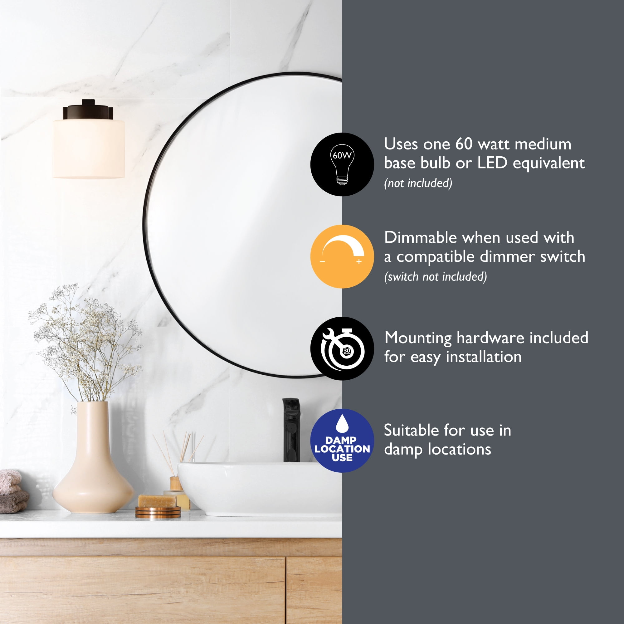 Design House Dove Creek 1-Light Dimmable Wall Light with Frosted Glass, Matte Black