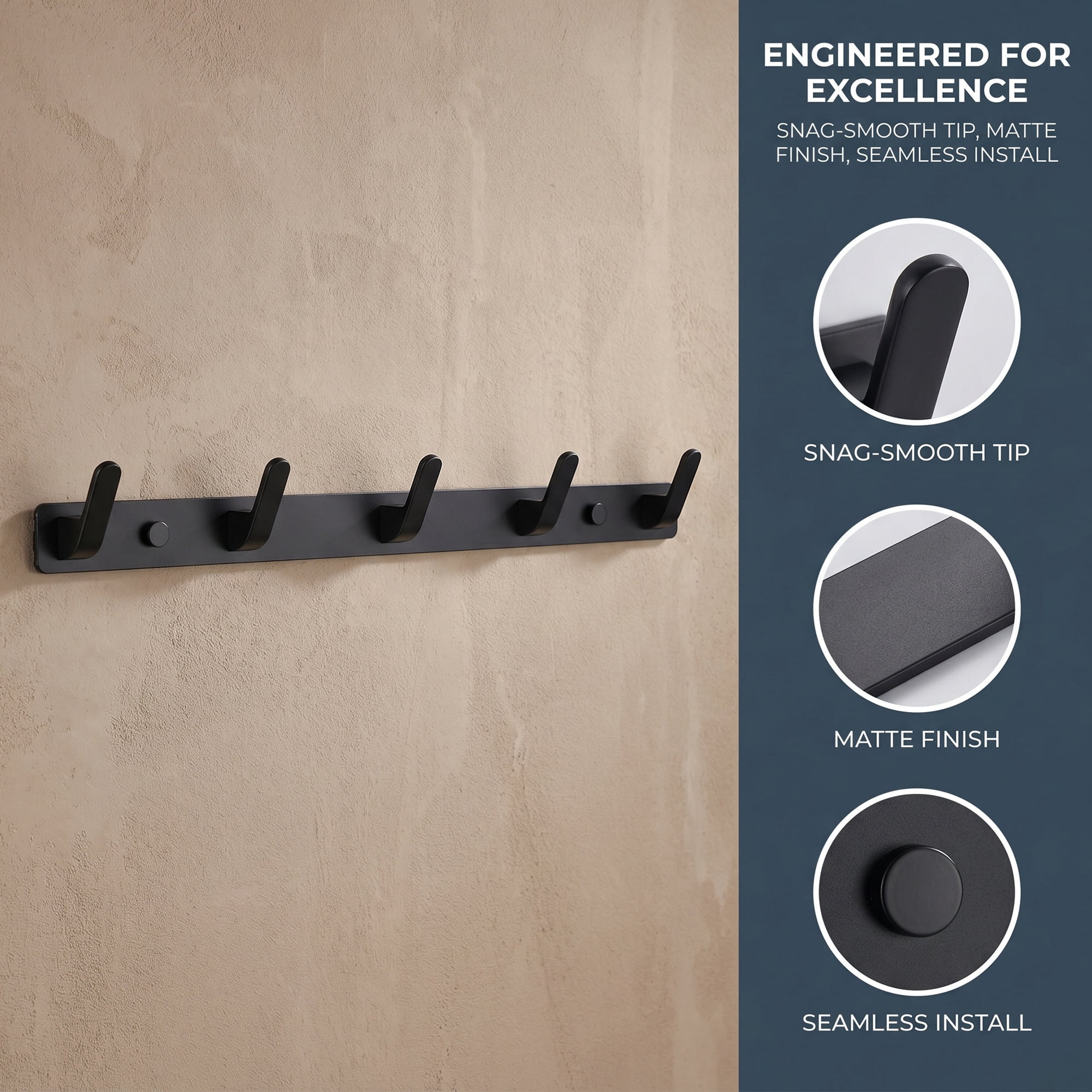 Unique Bargains Coat Rack Wall Mount for Entryway Bathroom Bedroom Black 5 Hooks