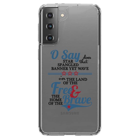 DistinctInk Clear Shockproof Hybrid Case for Galaxy S21  PLUS 5G (6.7" Screen) - TPU Bumper Acrylic Back Tempered Glass Screen Protector - Star Spangled Banner - Home of the Brave