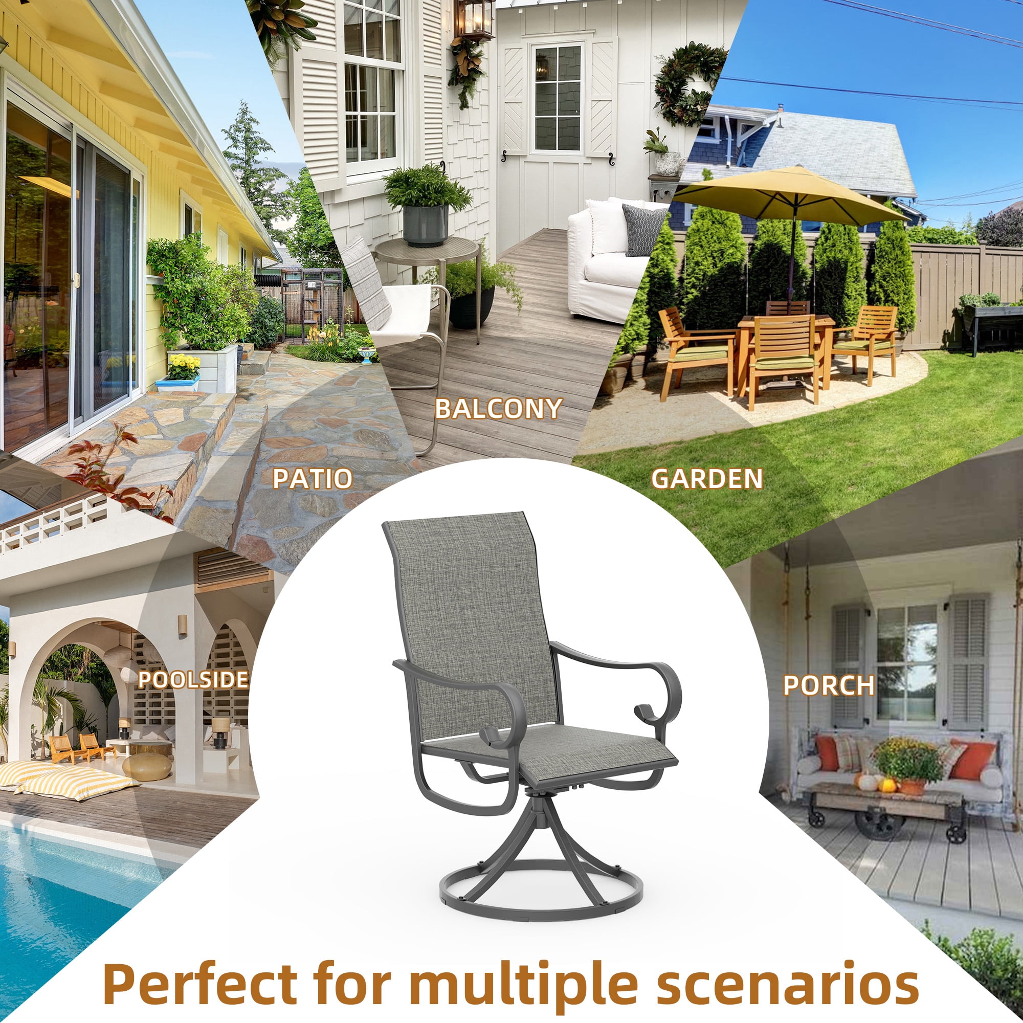 Zidtia Patio Swivel Rocker Chairs Set of 2, High Back Outdoor Dining Chairs with Sturdy Metal Frame, All-Weather Swivel Chairs,Gray