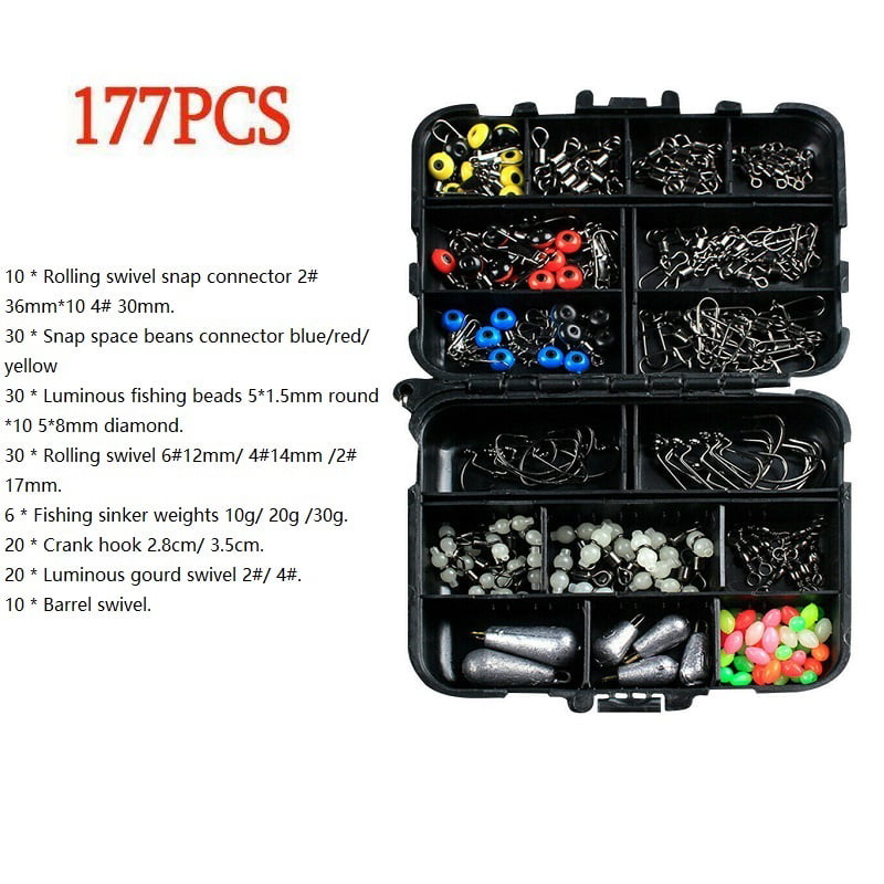 177PCS Crank Hook Snaps Rolling Swivel Luminous Fishing Beads W/Tackle Box Set 