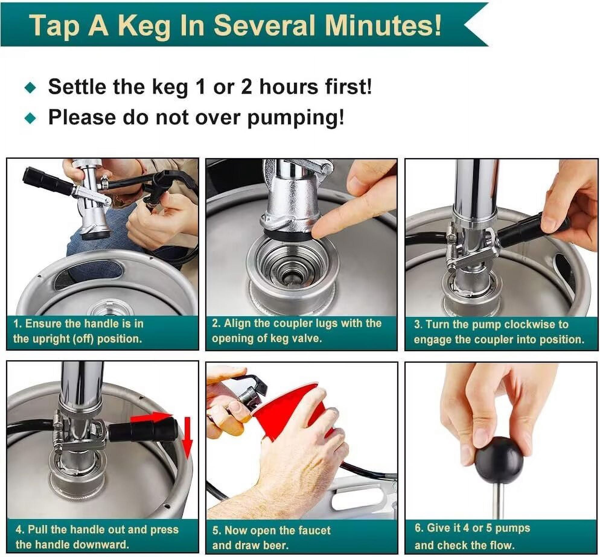 Wellbom Beer Keg Tap American D-System Keg Party Pump 4'' Picnic Pump with Beer Faucet & Hose for Homebrew