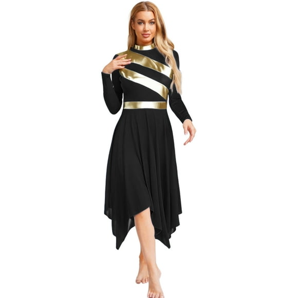 Jhaoyu Women's Metallic Patchwork Liturgical Praise Dance Dress Long Sleeve Irregular Hem Tunic Dress Black XXL