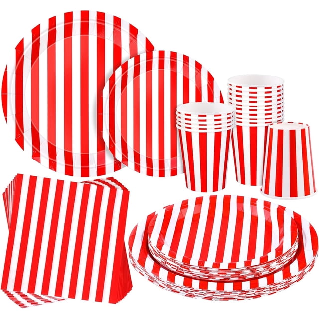 durony 64 Pcs Décorations de Table de Carnaval Assiettes en Papier à Rayures Blanches et Rouges Serviette Tasse Décorations de Fête Thème Cirque pour Carnaval, Anniversaire, Fête de Pique-Nique