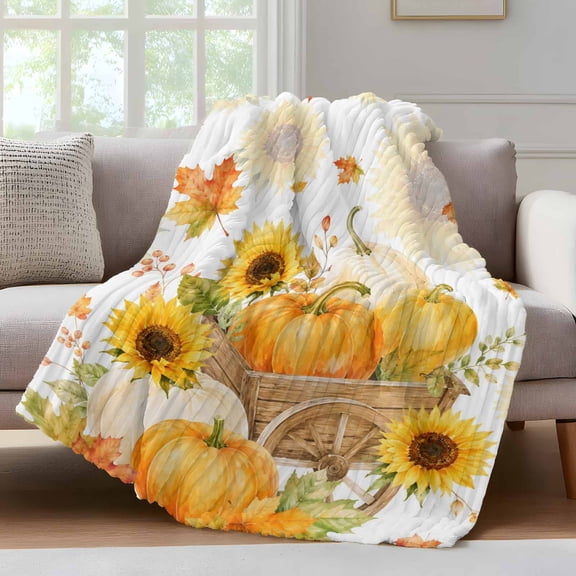 Thanksgiving Fall Fleece Throw Blanket for Couch, Watercolor Pumpkin Sunflowers Maple Leaf Microfiber Flannel Blanket for All Season, Lightweight Soft Throw Blankets for Baby, Kids, Pets, 30"x40"