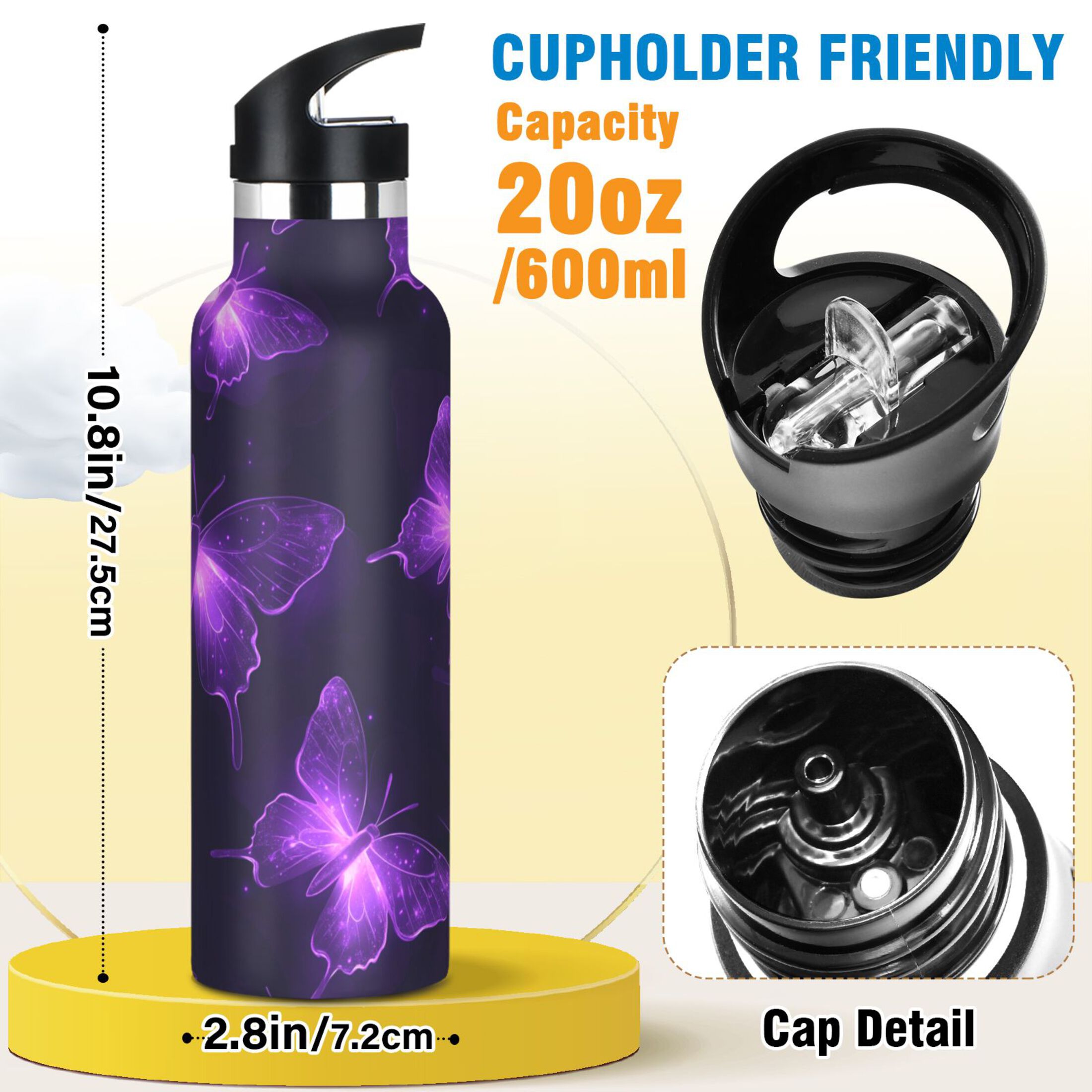 Kids Insulated Stainless Steel Sports Water Bottle 600ml (20oz) Glowing Butterflies Pattern