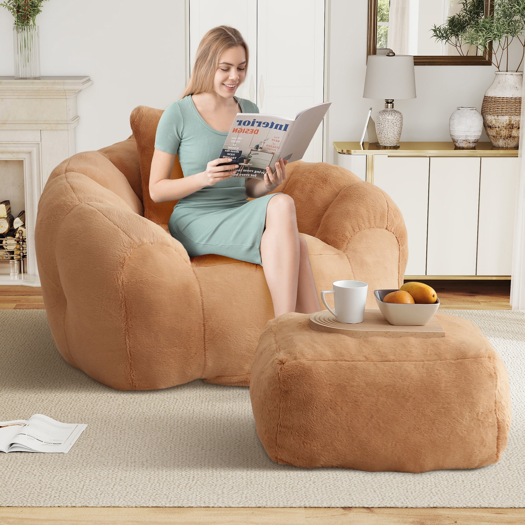 Aukfa Giant Bean Bag Chair,Lounge Chair Floor Lazy Sofa Bed with Ottoman & Pillow,Khaki