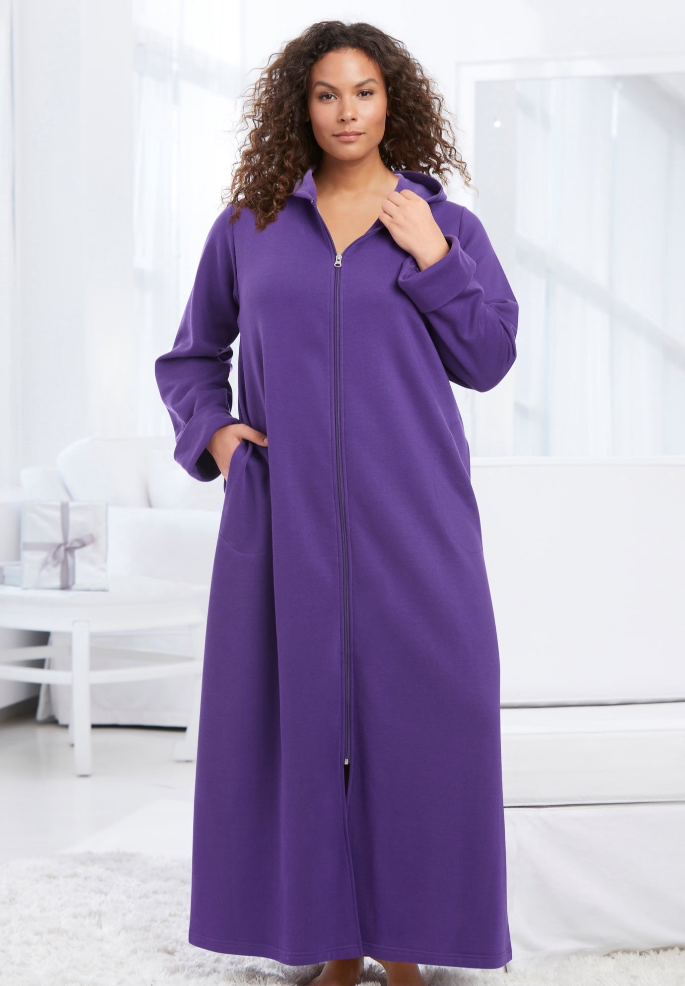 Dreams & Co. Plus Size Long Hooded Fleece Sweatshirt Robe