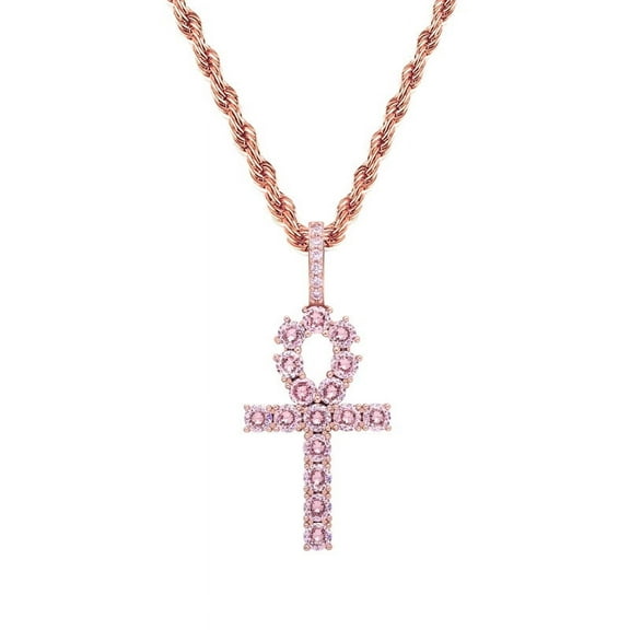 Pink zircon hollow cross Ankh Jewelry Set 14K Yellow Gold Material Men's Women's Hip Hop Jewelry Necklace