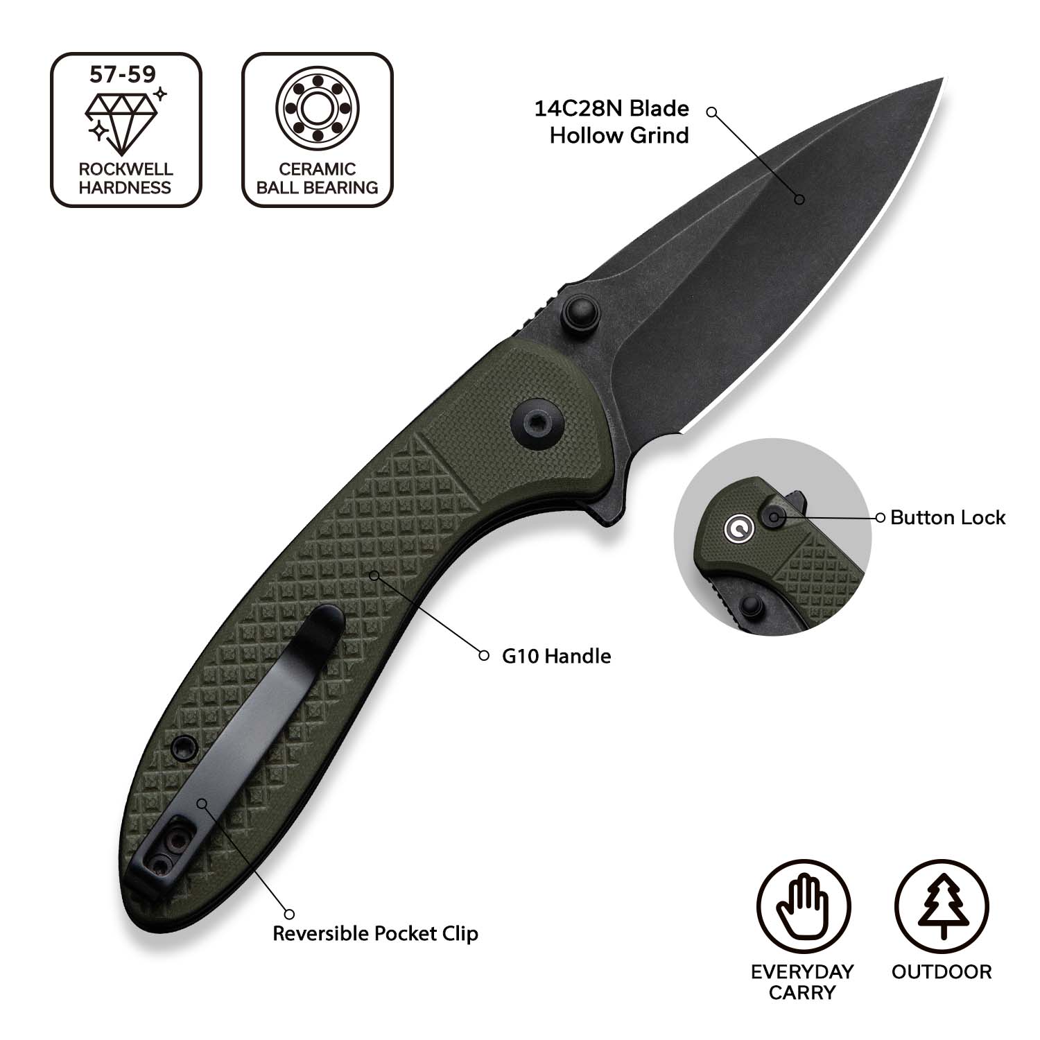 CIVIVI Faeger Pocket Folding Knife with 2.98" 14C28N Blade and Milled Neutral Blue G10 Handle C24031-2