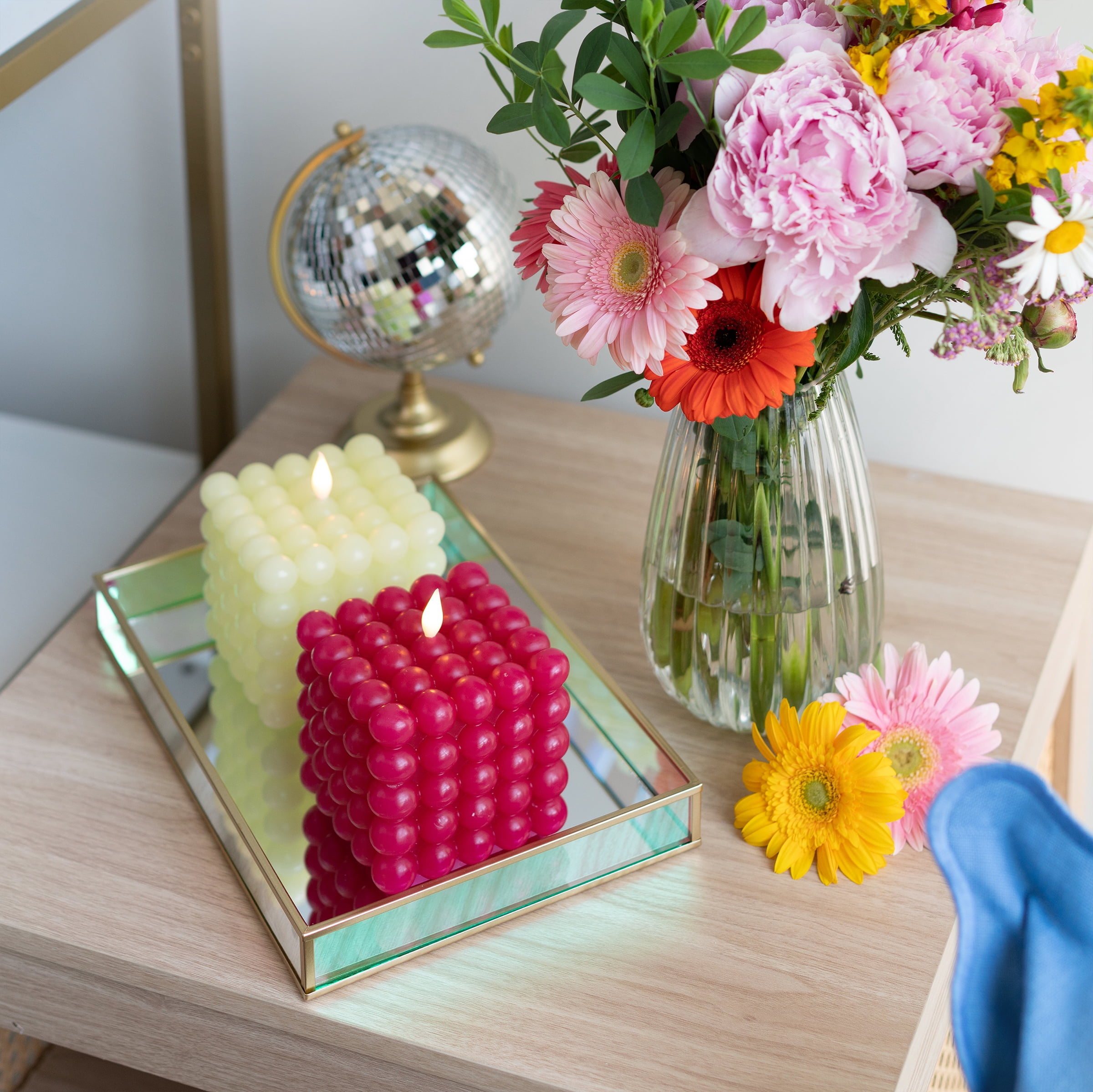 Mainstays Pink Square Wax Tabletop Candle with  Faux LED Flame, Bubble Design, 4.92"x4.13"x4.13"