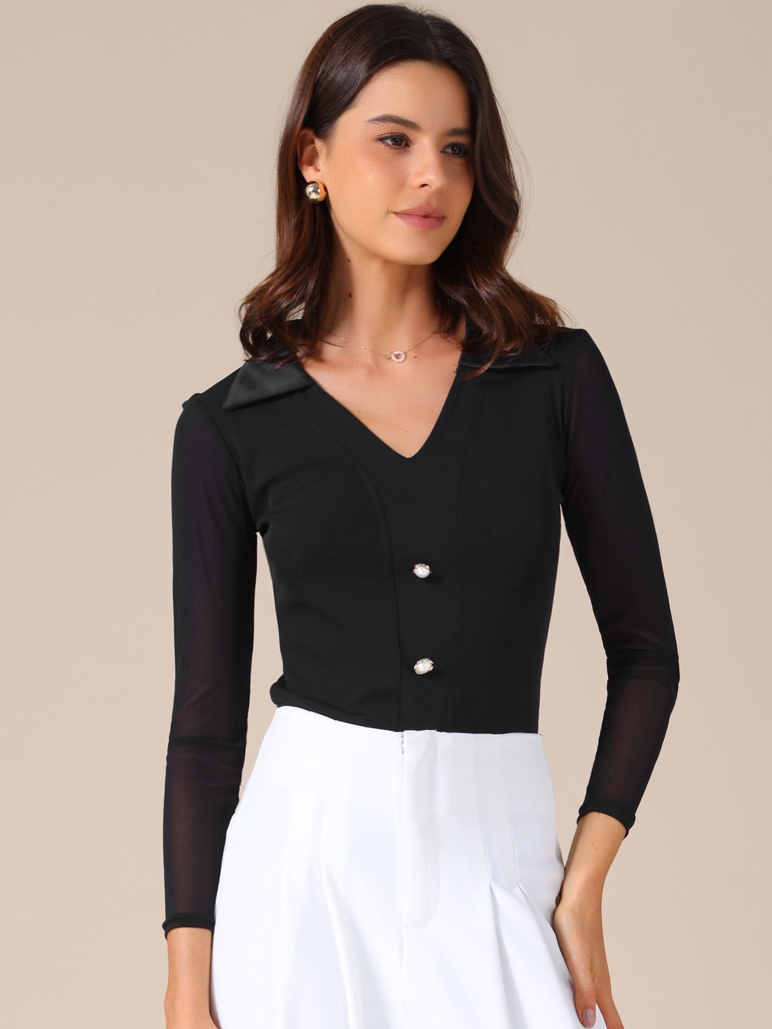 DARING DIVA Women's Long Sleeve V Neck Collared Slim Fit Blouses L Black