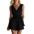 thumbnail image 4 of Cutuoiiu Womens Sleeveless Rompers Loose Fit Solid Color Deep V Neck Casual Jumpsuit Shorts Wrap Belted Waist Cotton Summer Daily Wear, 4 of 8