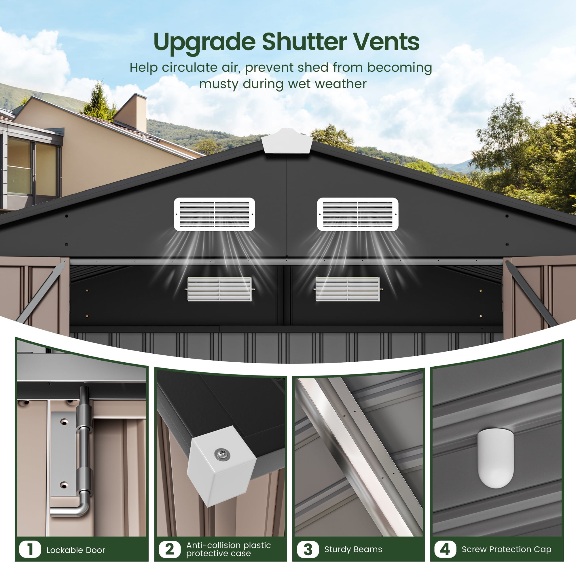 GVDV Metal Shed, 8 x 6 ft Metal Outdoor Storage Shed with Updated Frame, Lockable Doors & Waterproof, Brown