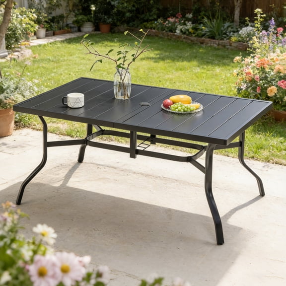  Black Outdoor Dining Table for 6, Steel Slat Top with Umbrella Hole, Anti-Slip Pads,E-Coating Frame, All-Weather Patio Table for Garden,Poolside.Table outdoor,sturdy weatherproof dining.